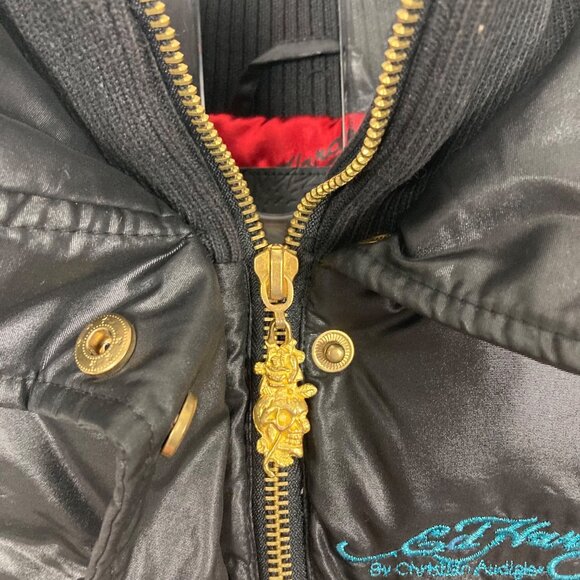 VTG Ed Hardy Christian Audigier Y2K Embroidered Down Puffer Vest XS Skull Rose - Picture 11 of 15
